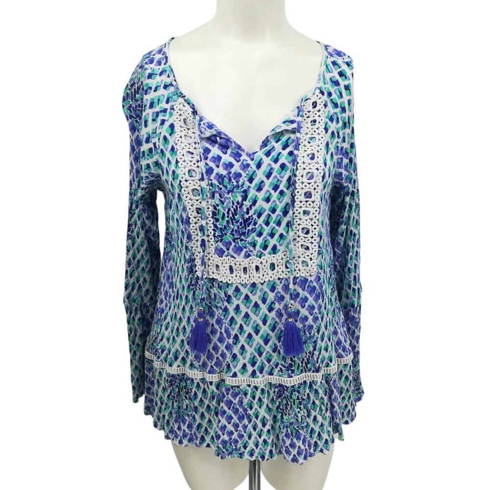 Lilly Pulitzer Amisa Top Size M Crochet Boho Bell Sleeves V-neck Tassel Blue